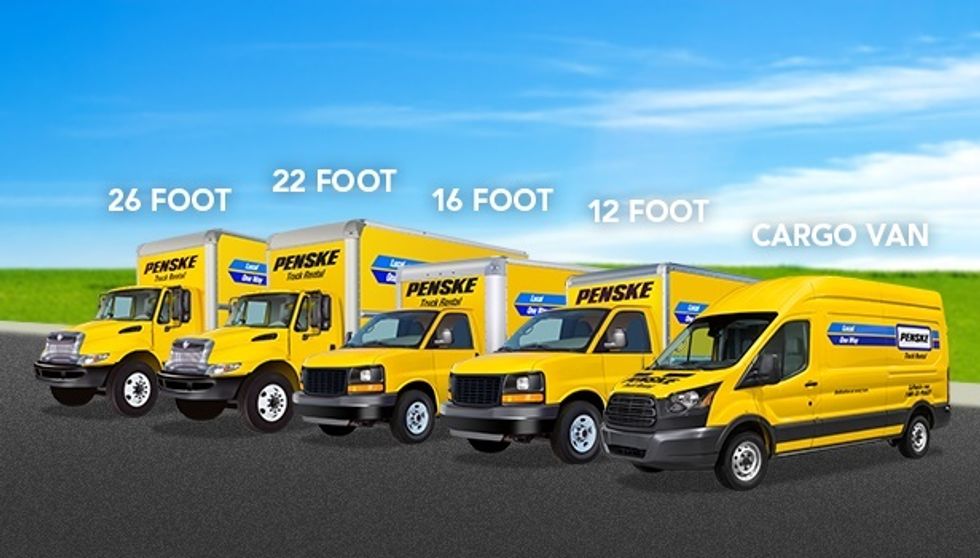 Five Penske moving vehicles of different sizes lined up. 